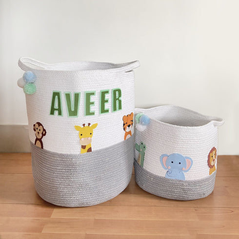 Safari Animals - Grey Rope Personalised Storage Basket